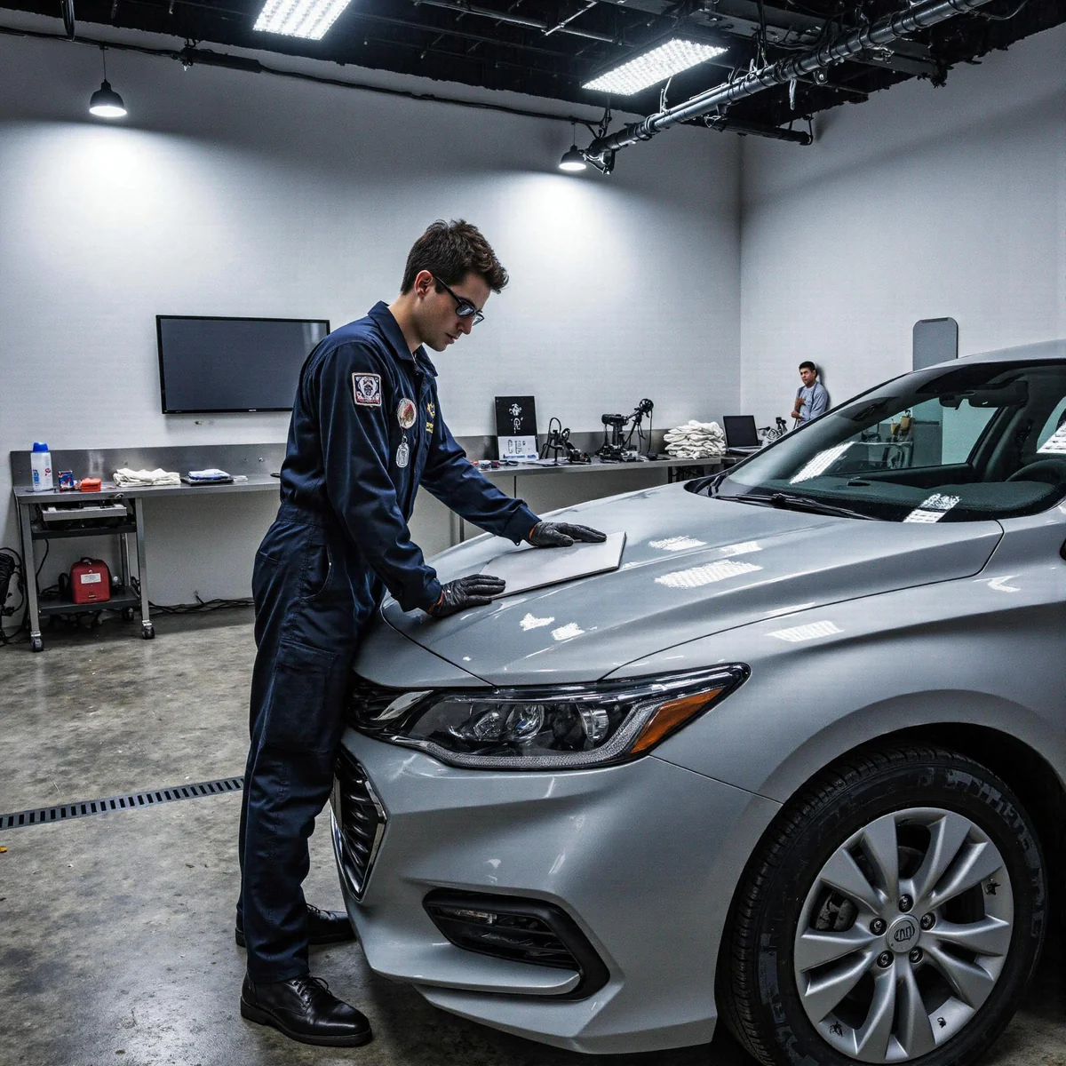 Technician inspecting hail dents on a fleet vehicle inside a Lubbock, Texas service bay