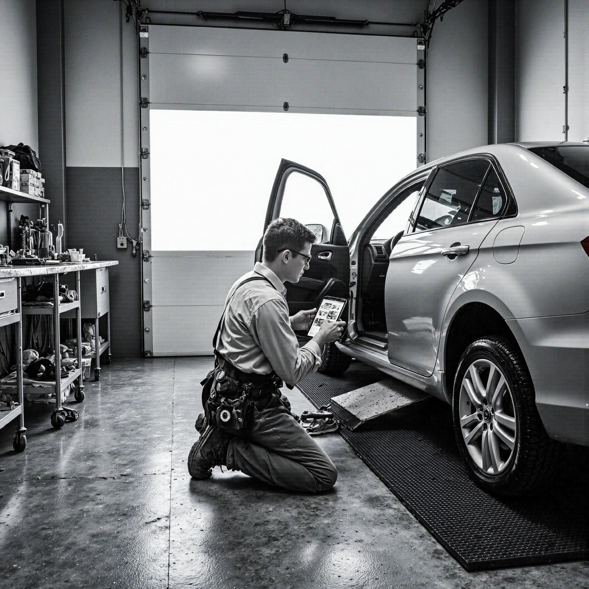 "Auto repair shop in Lubbock, Texas, technician documenting hail damage on vehicle in inline service bay with task lighting a