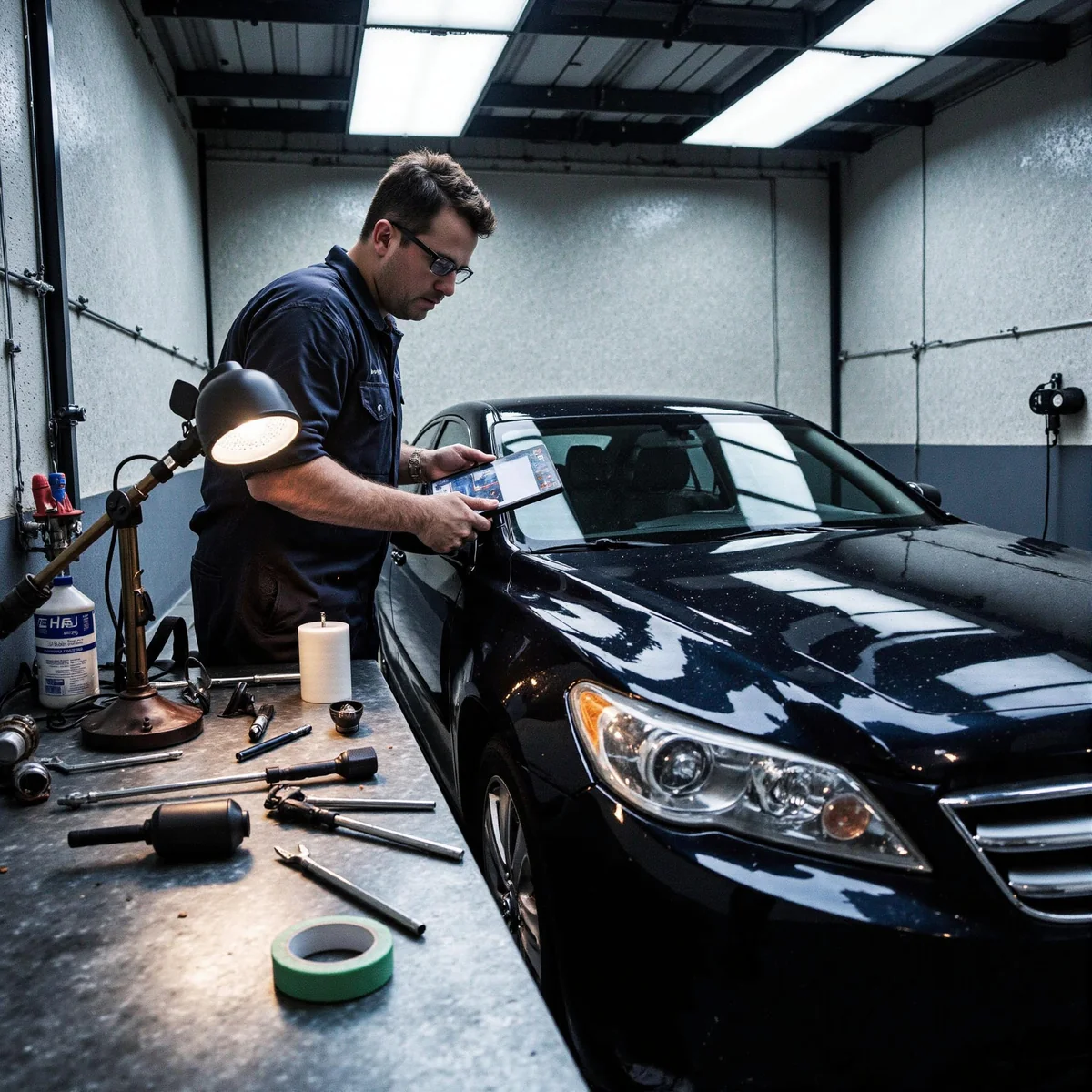 "Auto repair shop in Lubbock, Texas, with technician documenting hail damage on vehicle in an inline service bay, utilizing t
