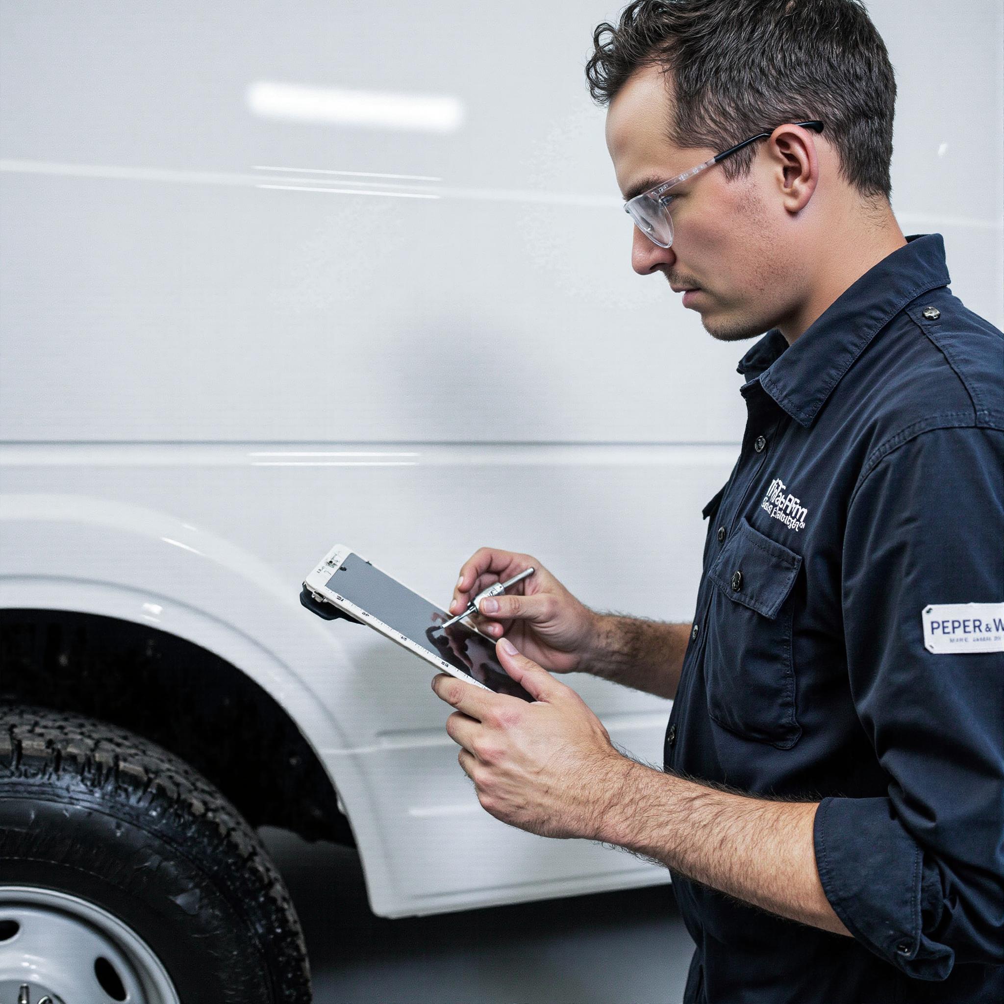 "Technician inspecting hail damage on a fleet vehicle in an indoor service bay in Lubbock, Texas, with task lighting and tool