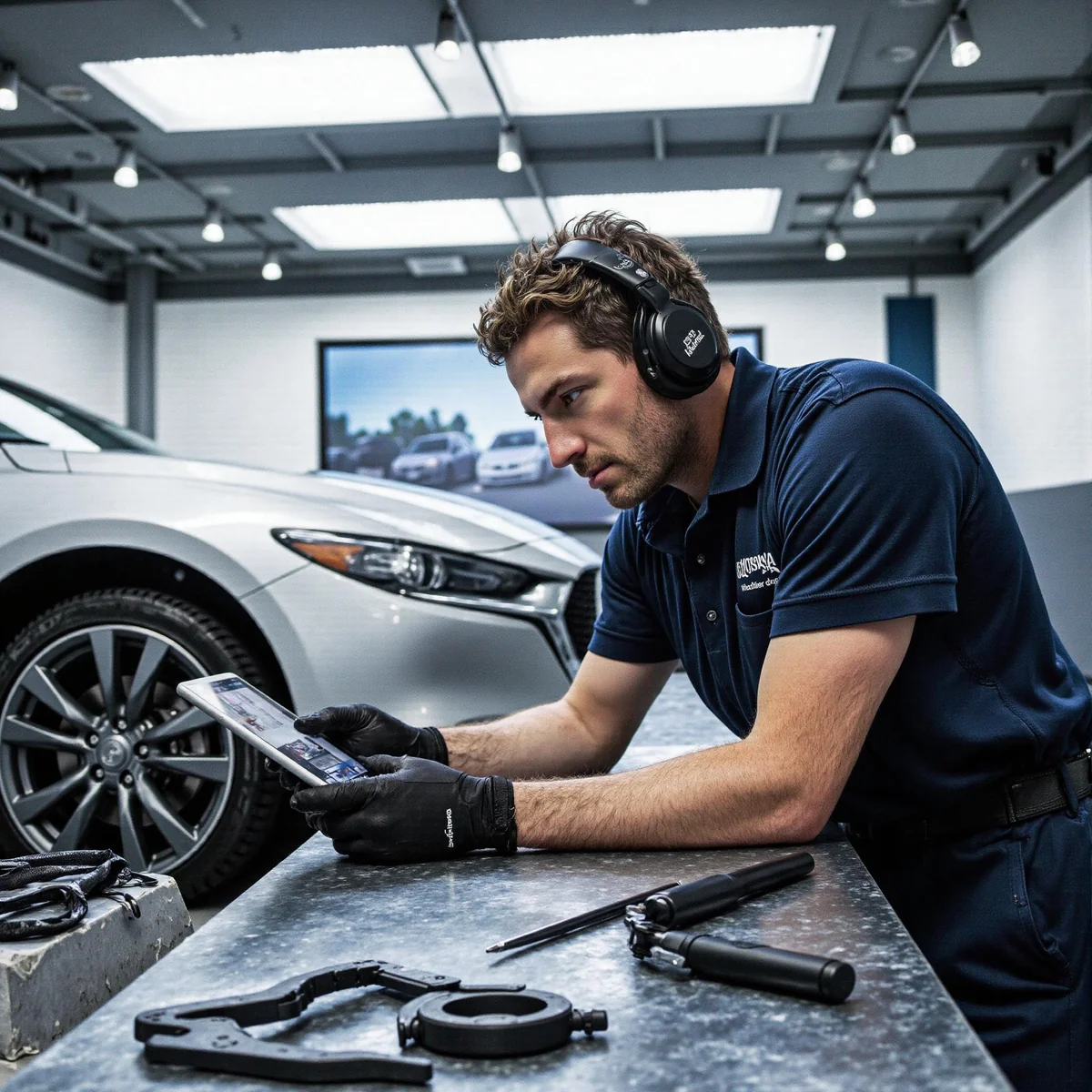 Modern auto repair shop interior in Dallas, Texas, with a technician documenting hail damage on a vehicle, surrounded by task