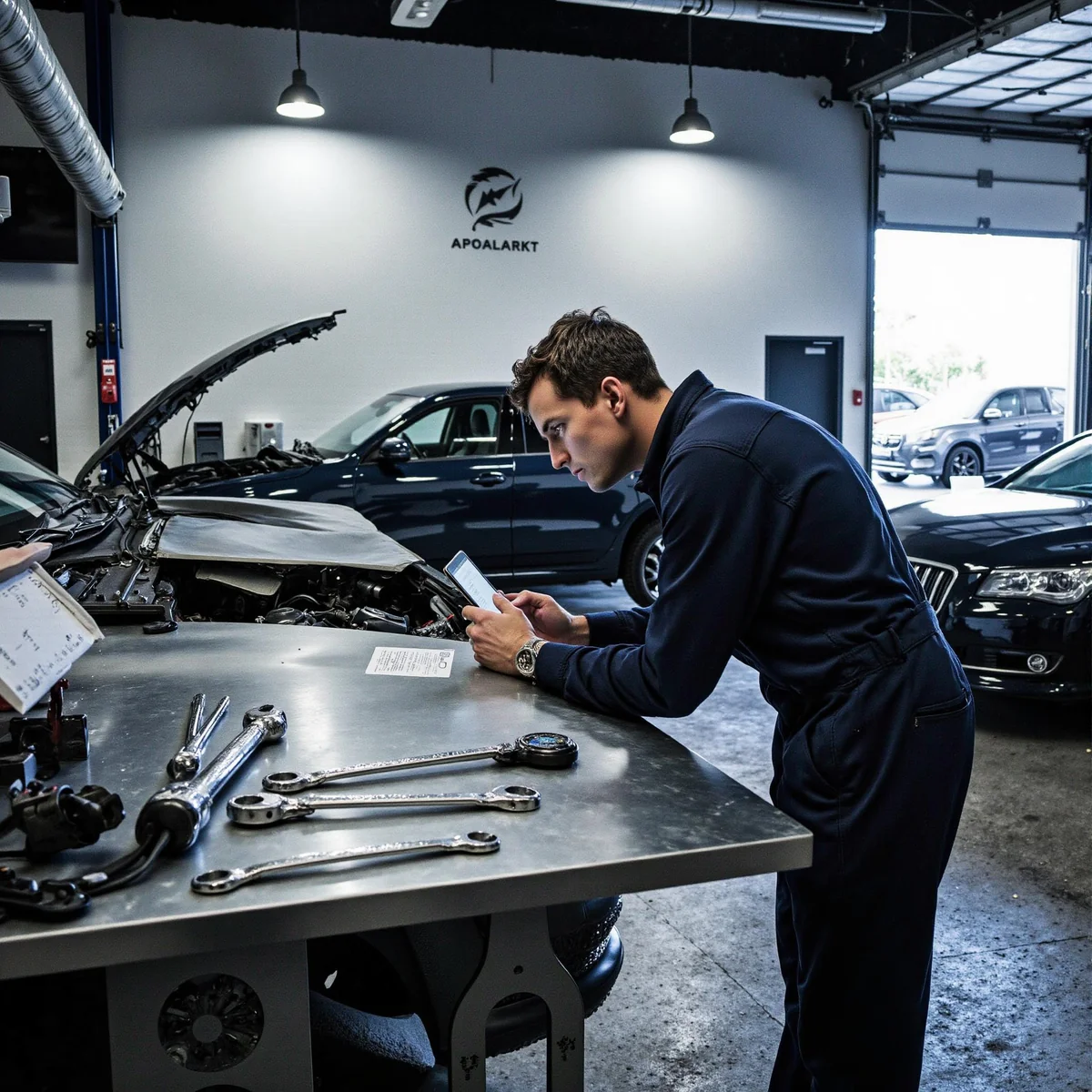 Modern auto repair shop interior in Dallas, Texas, with technician documenting hail damage on vehicle, highlighting workflow 