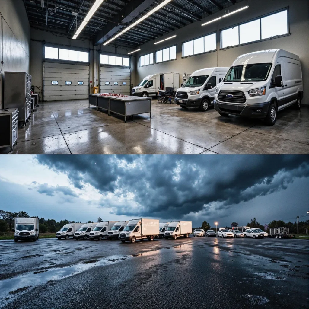 "Commercial vehicles on a Dallas, Texas auto dealership lot under dramatic storm clouds, reflecting on wet pavement with cine