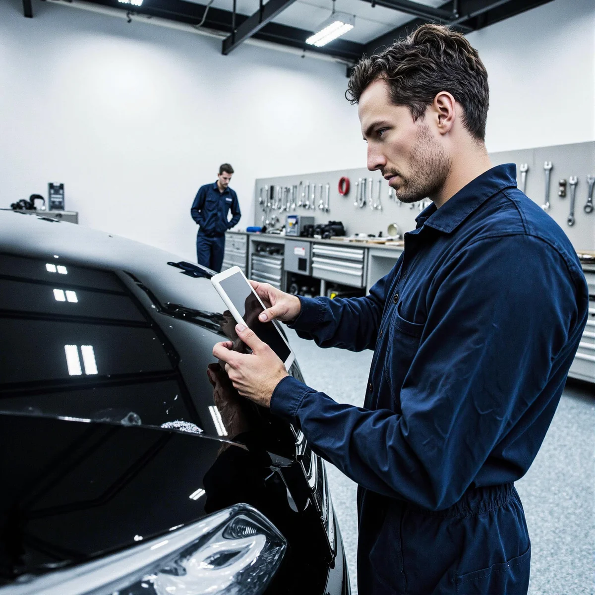"Technician in Dallas, Texas auto repair shop documenting hail damage on vehicle, Signal Strike Showcase, highlighting 5 prov