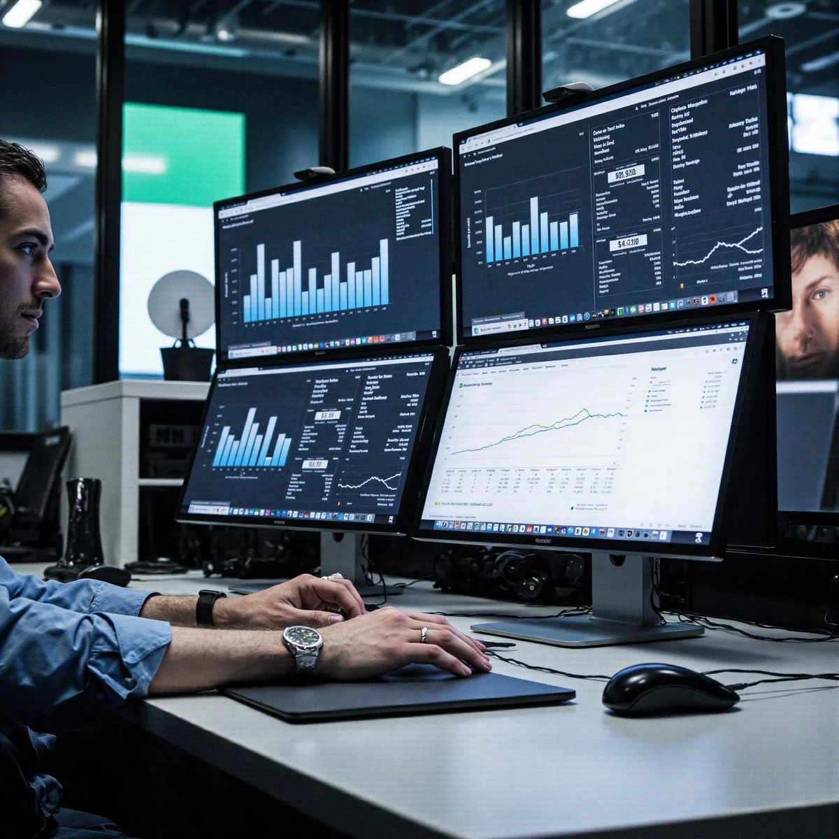 Dallas, Texas, workspace with premium monitors displaying analytics dashboards and AI search visuals, illustrating How Dallas