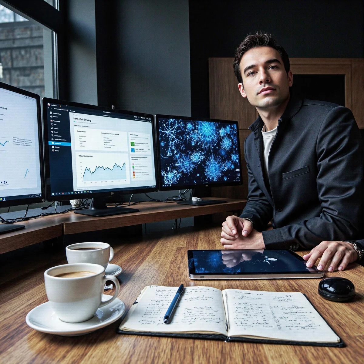 Dallas, Texas, marketing workspace with premium monitors displaying a proven, safe lead generation plan for a local business,