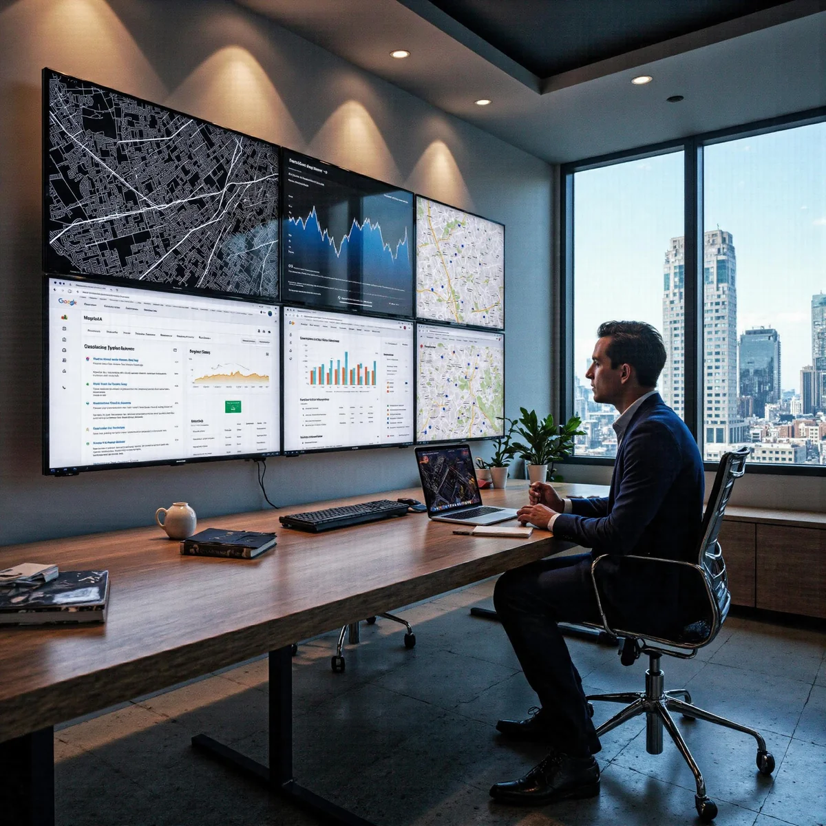 Dallas, Texas workspace with monitors displaying analytics dashboards and AI search visuals, illustrating how Dallas roofing 