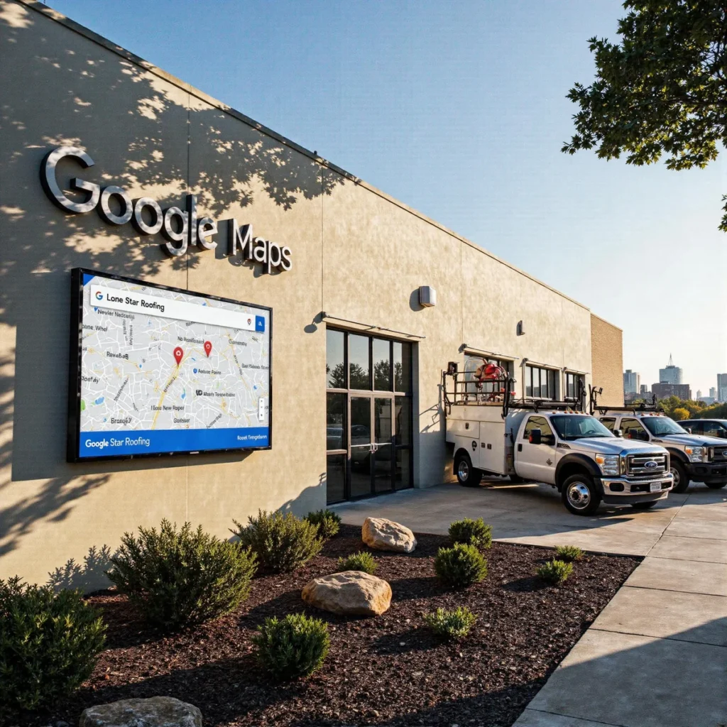 Professional Texas roofer storefront in Dallas, Texas, with modern signage, showcasing how Texas roofers get proven Google Ma