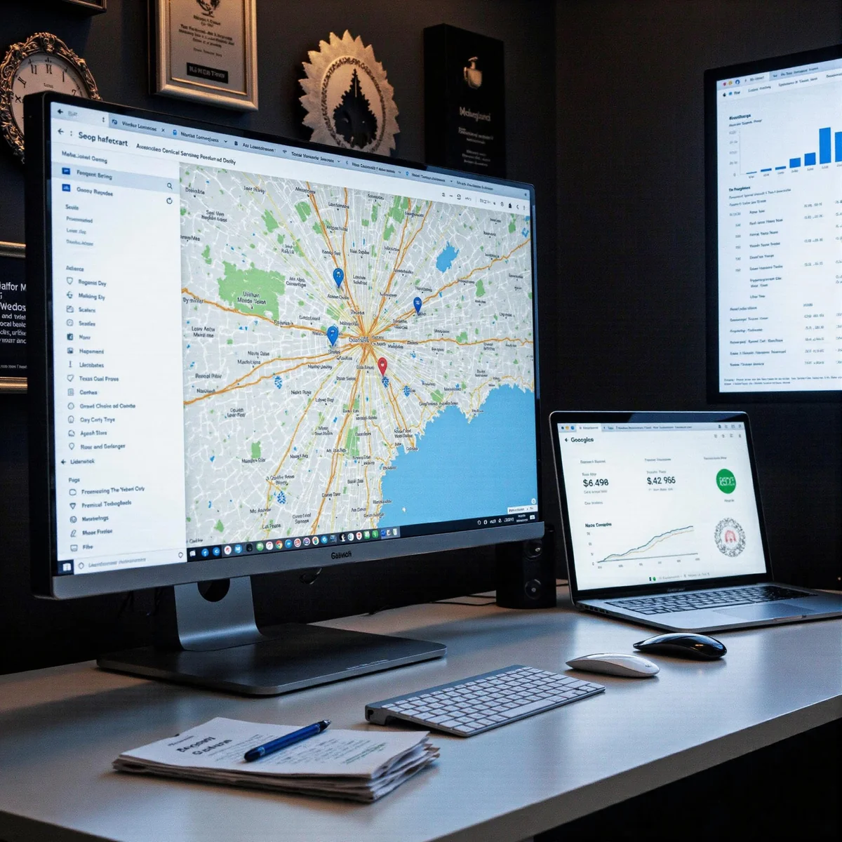 Dallas, Texas workspace with monitors displaying How Texas Roofers Get Proven Google Maps Visibility and Signal Strike analyt