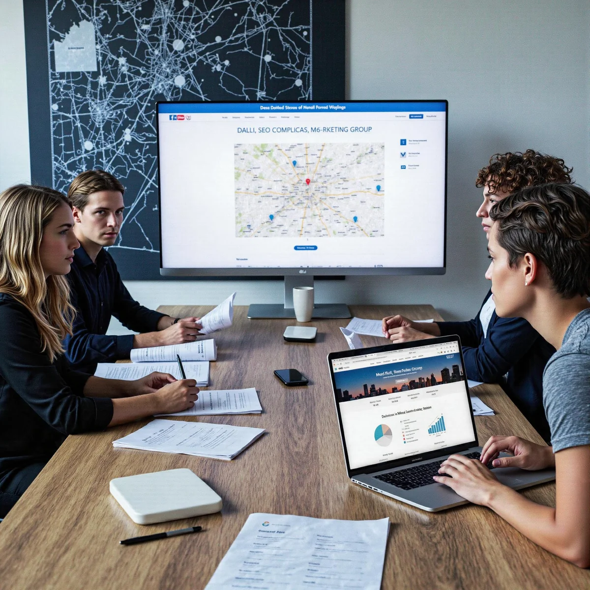 Modern marketing workspace in Dallas, Texas, with monitors displaying analytics dashboards and AI search visuals, illustratin