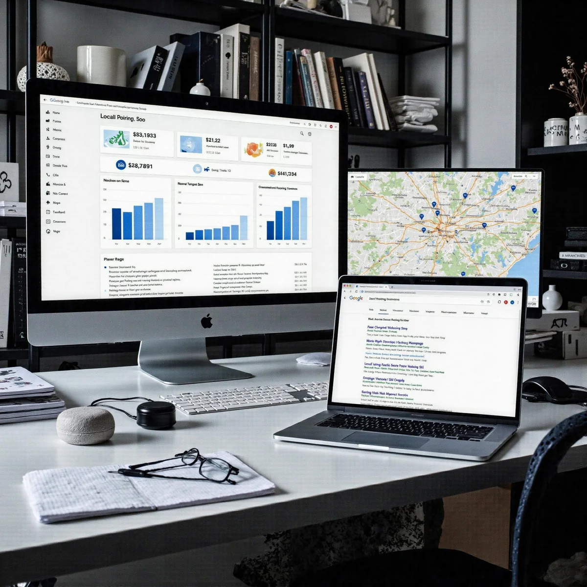 Dallas, Texas, workspace with premium monitors displaying analytics dashboards and AI search visuals, illustrating how Dallas