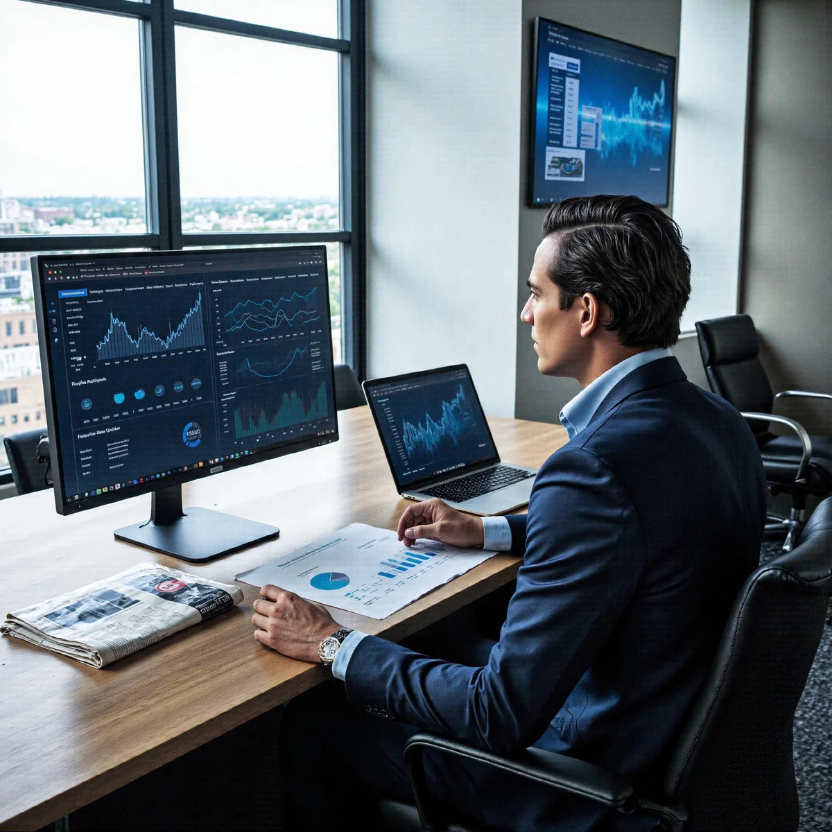 Modern marketing workspace in Dallas, Texas, with fleet managers analyzing data on premium monitors, focusing on What Fleet M