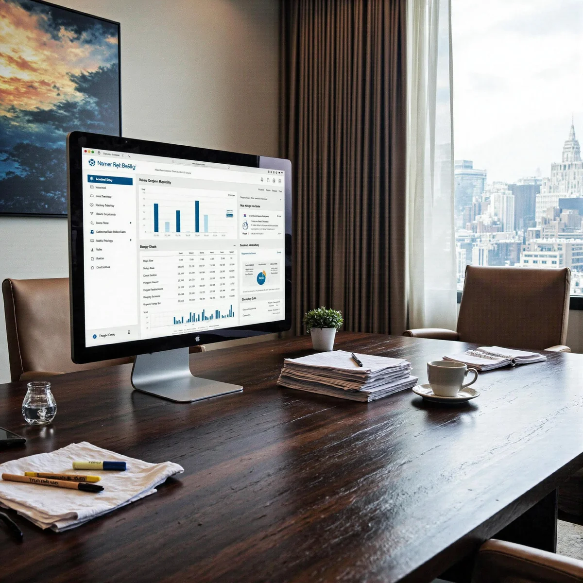Dallas, Texas law firm workspace with premium monitors displaying analytics dashboards and AI search visuals, highlighting Ho
