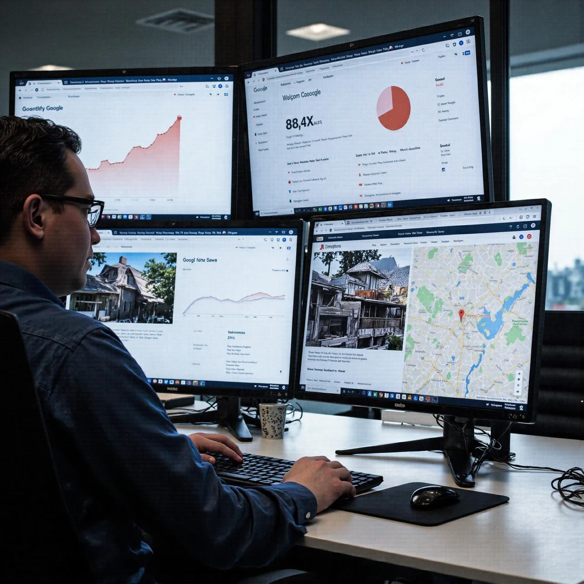 Dallas, Texas, workspace with monitors displaying How Dallas Roofers Get Proven Google Maps Visibility, alongside analytics d