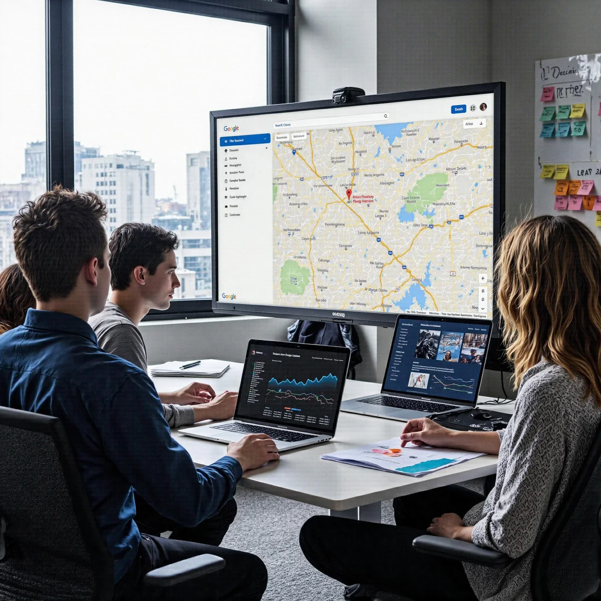 Dallas, Texas, workspace with monitors displaying How Dallas Roofers Get Proven Google Maps Visibility, leveraging AI and eme