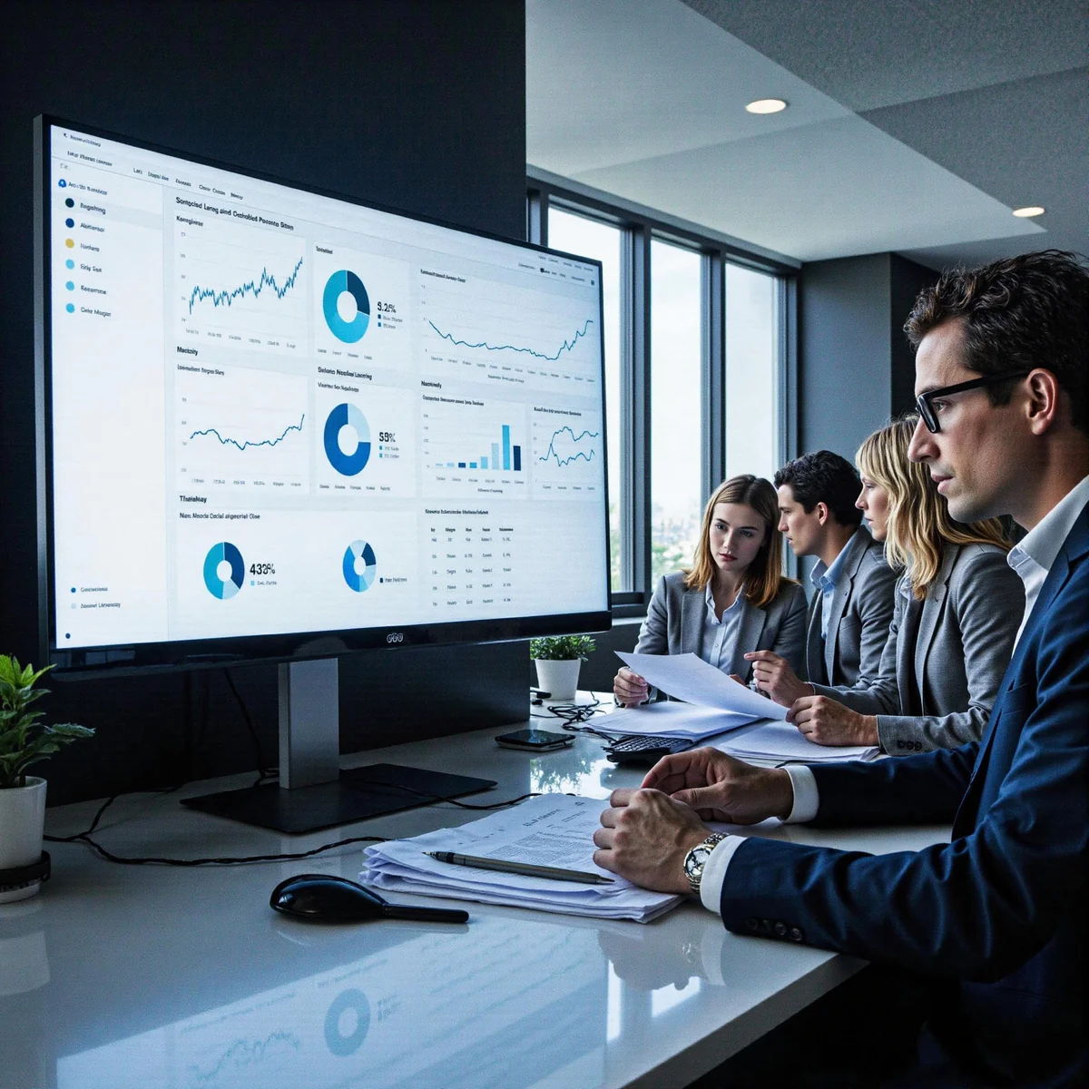 Dallas, Texas law firm workspace with premium monitors displaying analytics dashboards and AI search visuals, illustrating Ho