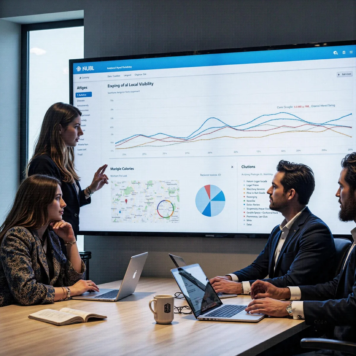 Dallas, Texas, workspace with monitors displaying analytics dashboards and AI search visuals, featuring a detail view of How 