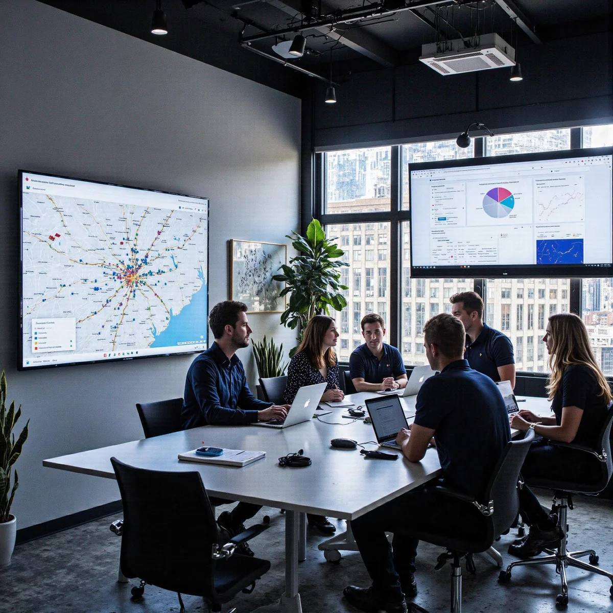 Image of a modern marketing workspace in Dallas, Texas, featuring AI-enabled search tools like ChatGPT and LLMs, showcasing h
