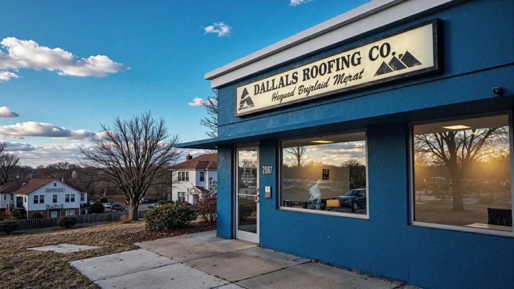 Professional exterior of a local roofing company in Dallas, Texas, with modern signage and strong curb appeal, illustrating h