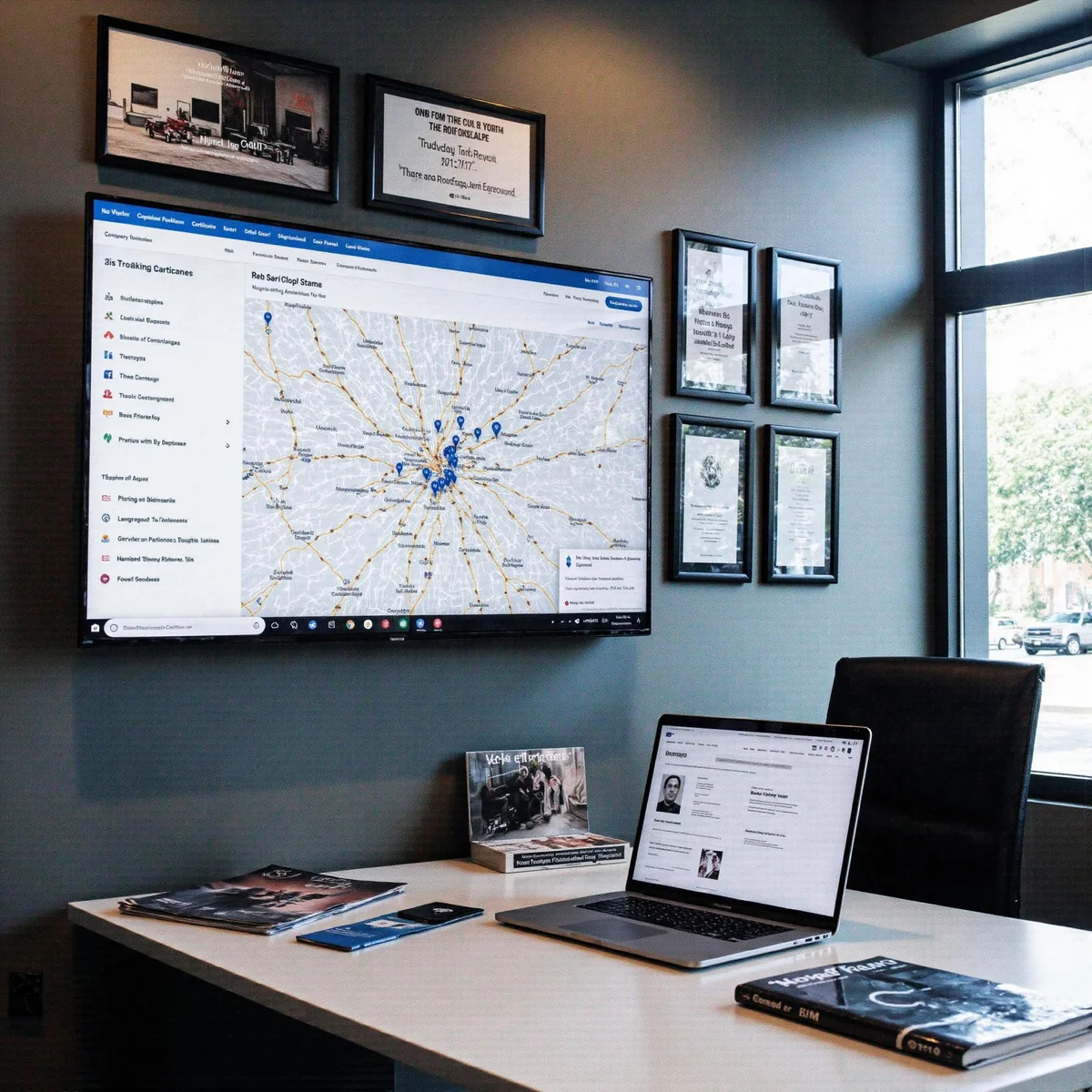 Dallas, Texas, modern marketing workspace with monitors displaying How Your Roofing Company Gets Proven Local Leads, featurin