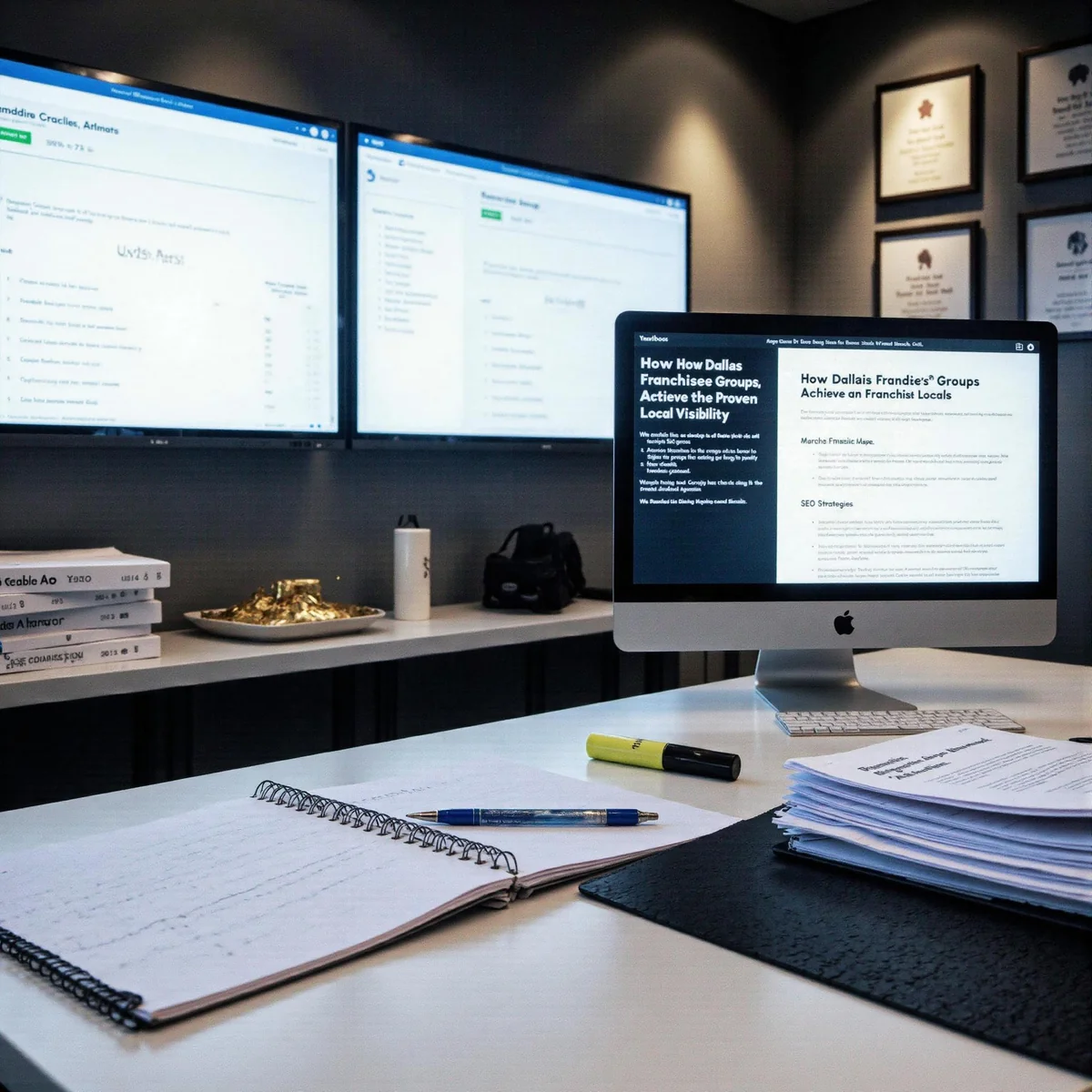 Dallas, Texas, workspace with monitors displaying How Dallas Franchise Groups Achieve Proven Local Visibility and Signal Stri