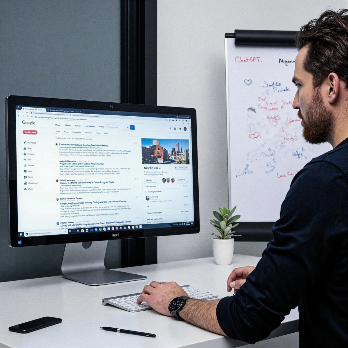 Modern marketing workspace in Dallas, Texas, with premium monitors displaying analytics dashboards and AI search visuals, ill