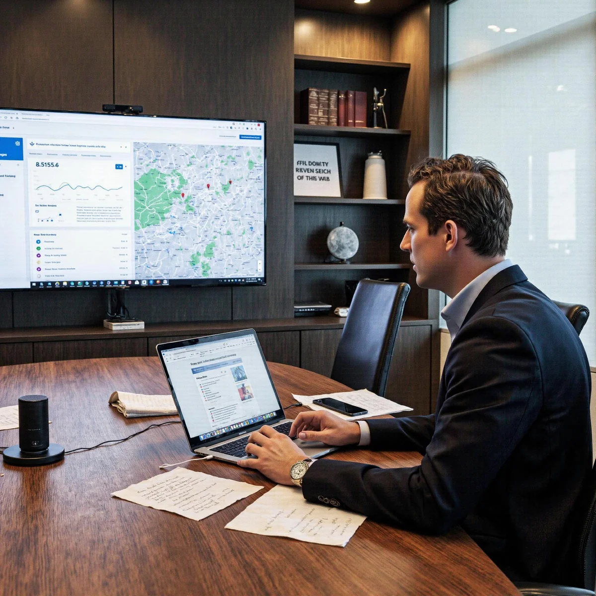 Dallas, Texas law firm workspace with AI and voice search tools, showcasing how Dallas law firms achieve proven local search 
