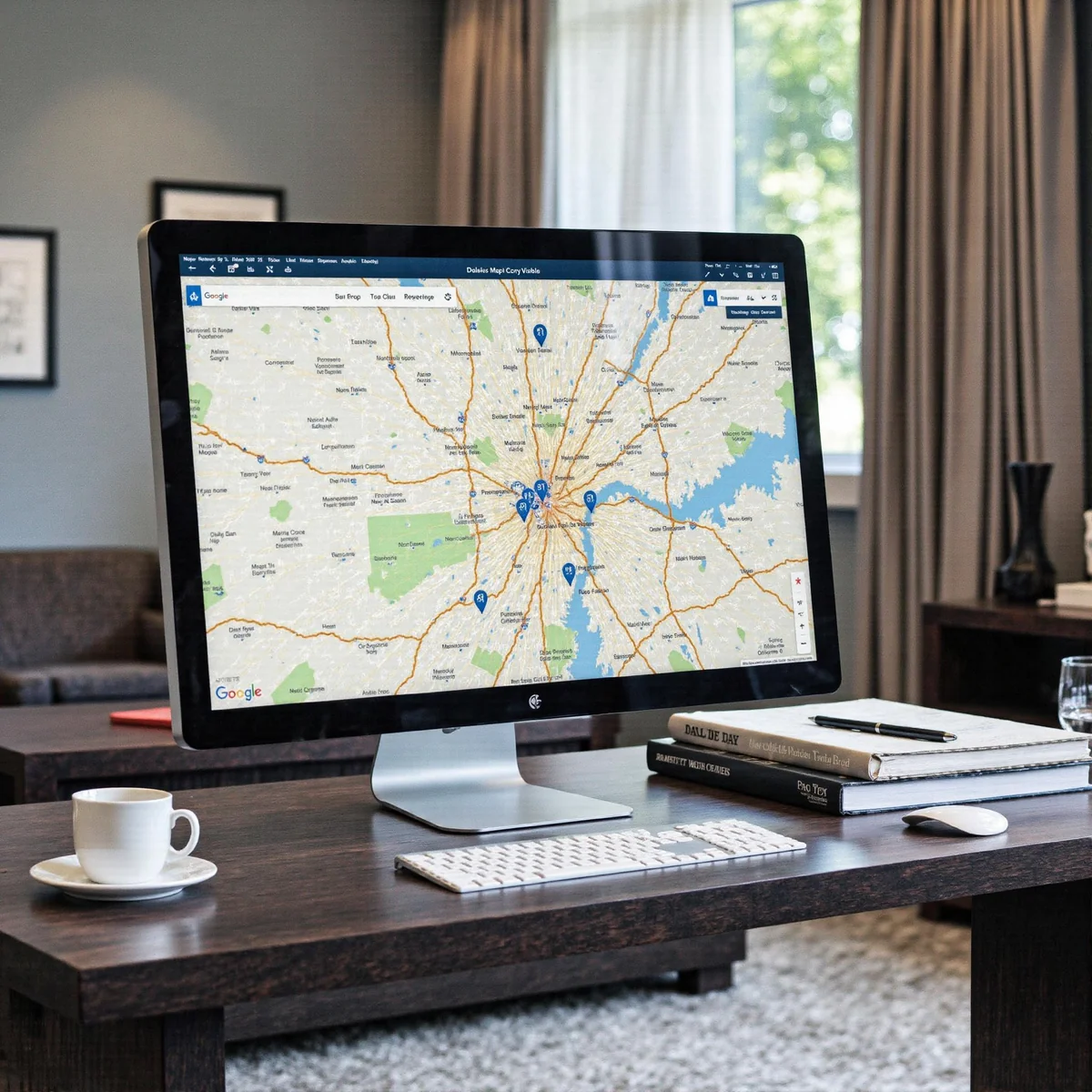 Law firm marketing workspace in Dallas, Texas, with monitors displaying How Your Law Firm Gets Proven Maps Visibility and Sig