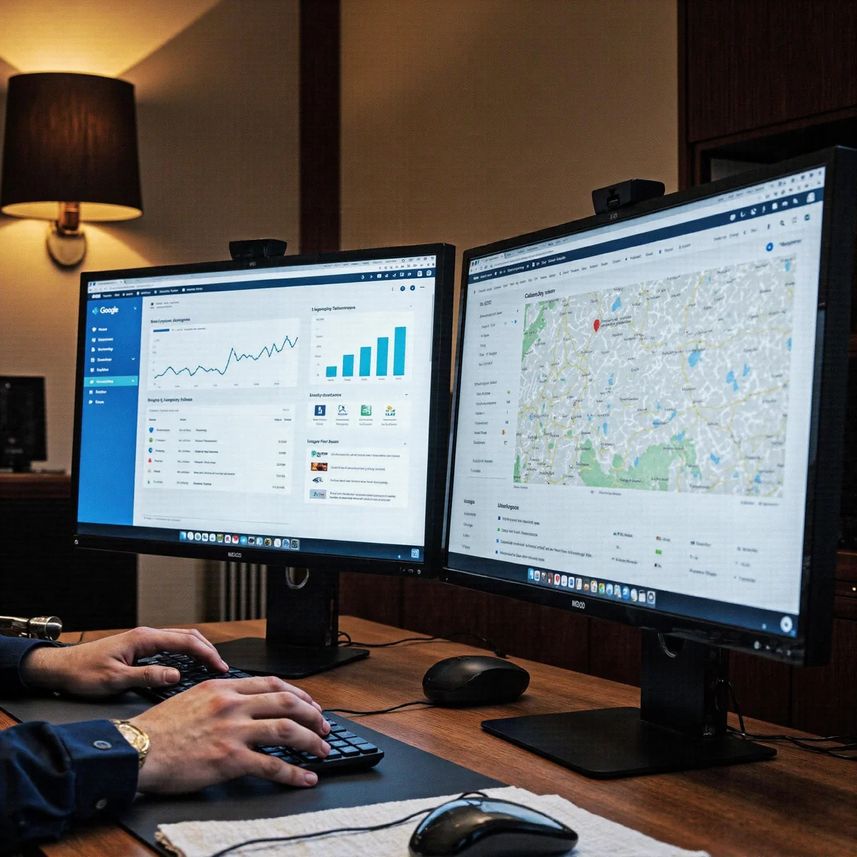 Law firm marketing workspace in Dallas, Texas, with monitors displaying How Your Law Firm Gets Proven Maps Visibility detail
