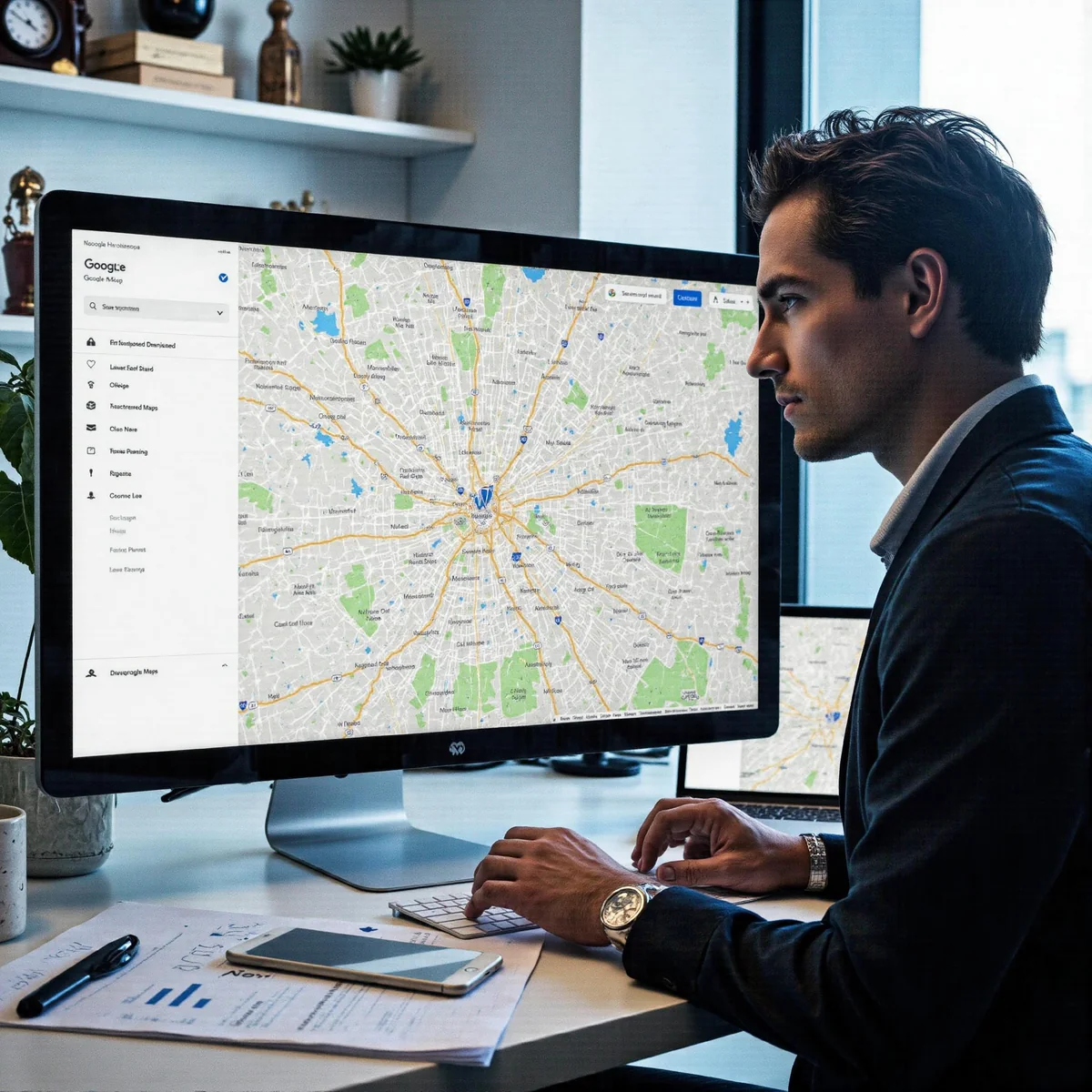 Dallas, Texas law firm office with monitors displaying analytics dashboards and AI search visuals, illustrating How Your Law 